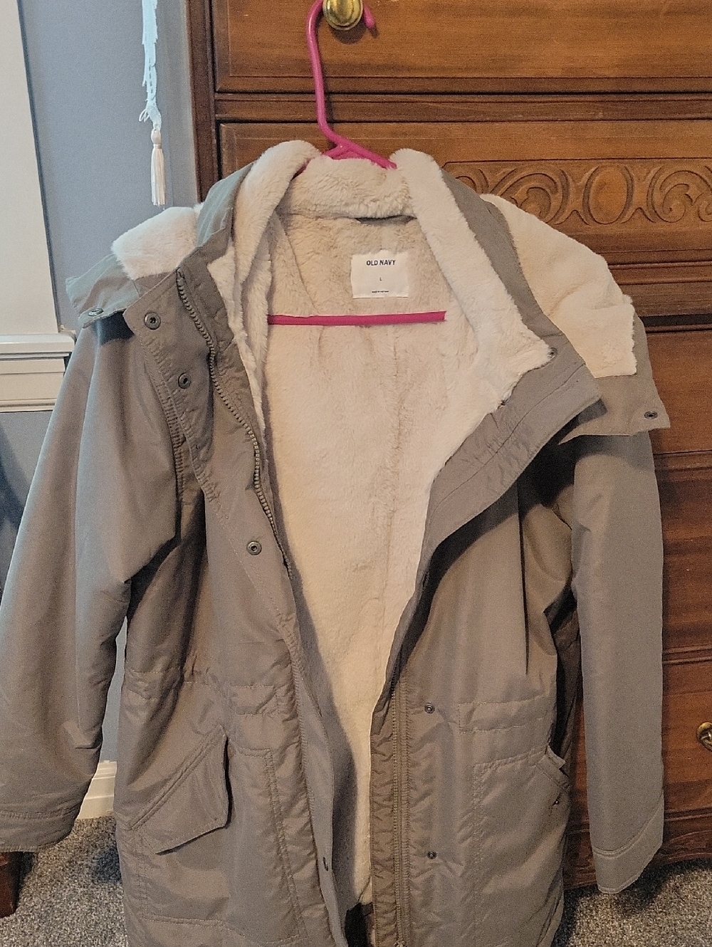 Old Navy Taupe Parka with Cream Sherpa Lining